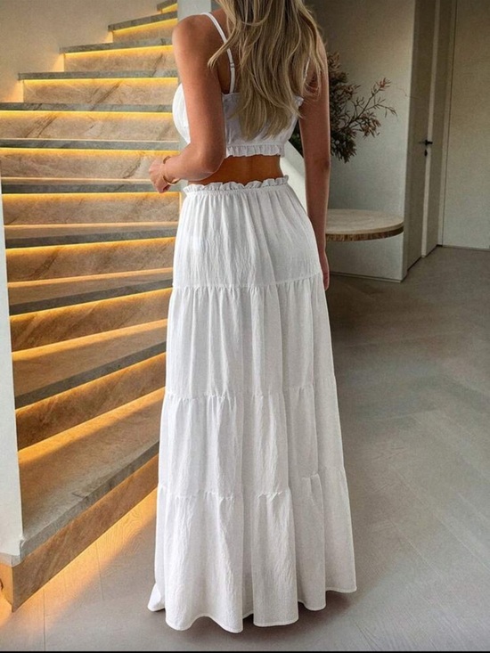 2 piece set: crop top & maxi skirt white boho skirt set ruffle - Picture 2 of 2